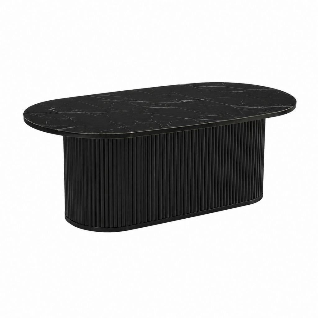 Couchtisch Schwarz mit Keramikplatte in Marmoroptik oval 120 x 60 x 45 cm