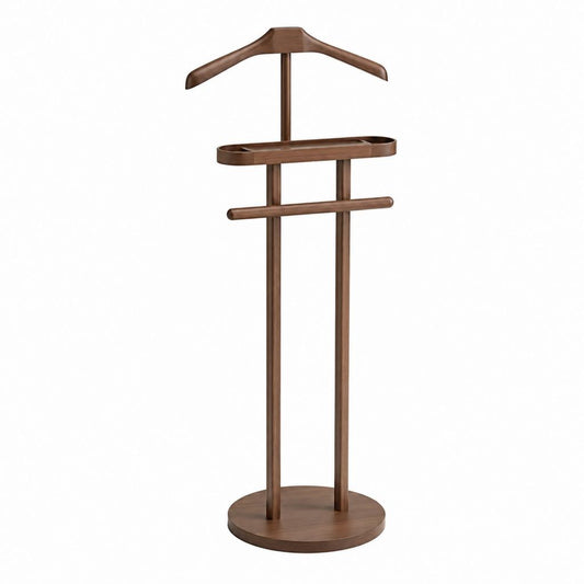 Herrendiener Kleiderständer walnussbraun aus Massivholz mit runder Basis 53 x 40 x 118 cm