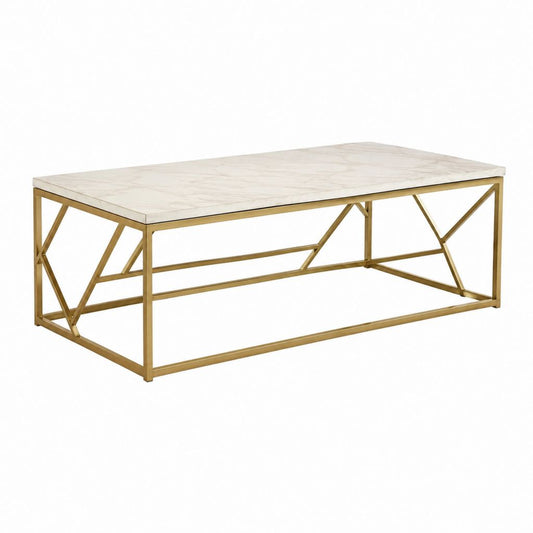 Couchtisch rechteckig Weiß Gold mit Marmoroptik Tischplatte und Edelstahlgestell 120 x 60 x 45 cm