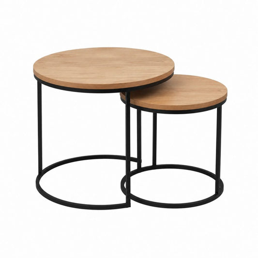 Couchtisch Set 2-teilig Eicheoptik MDF rund mit schwarzem Stahlgestell 80 x 80 x 45 cm und 60 x 60 x 38 cm