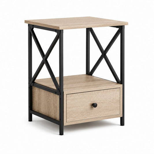 Nachttisch mit Schublade Eichenoptik Spanplatte Stahl rechteckig 40 x 40 x 60 cm